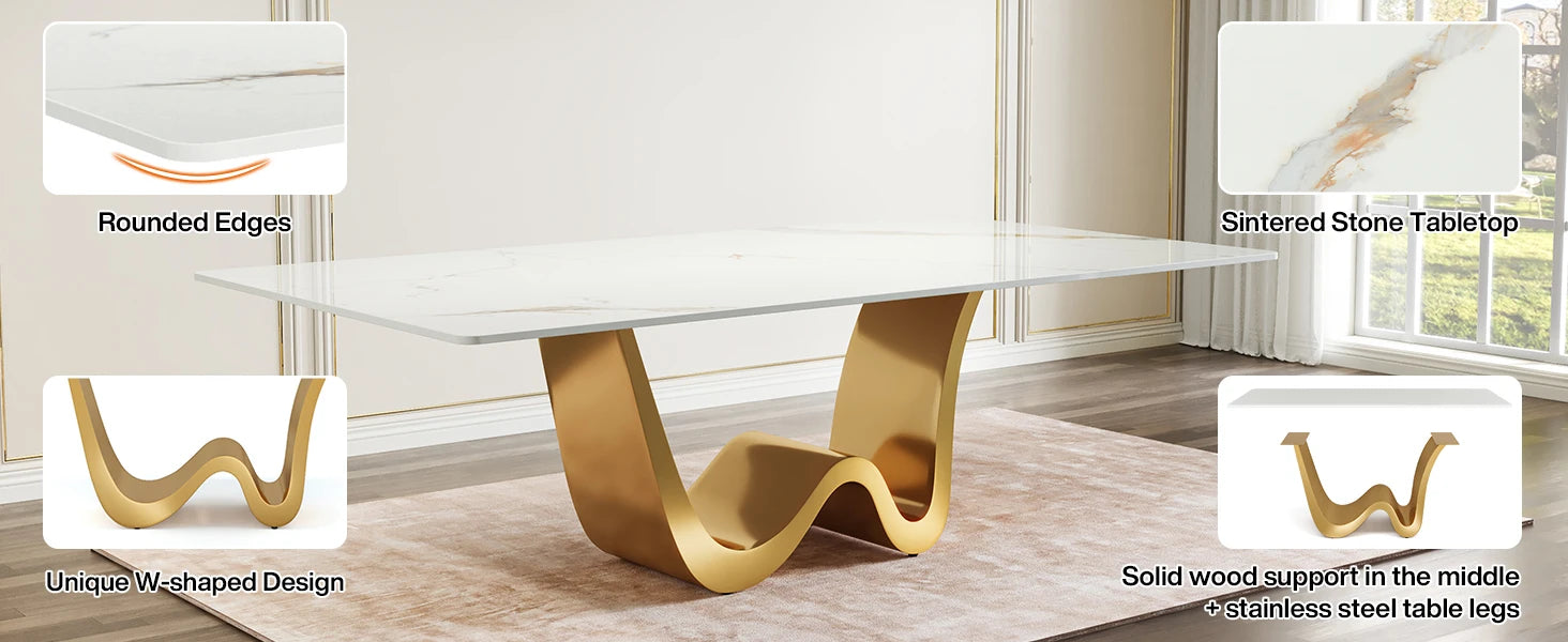 Tribesigns 78.74" Sintered Stone Dining Table for 6-8, Modern Rectangle Dining Table, Luxury White & Gold Kitchen Table