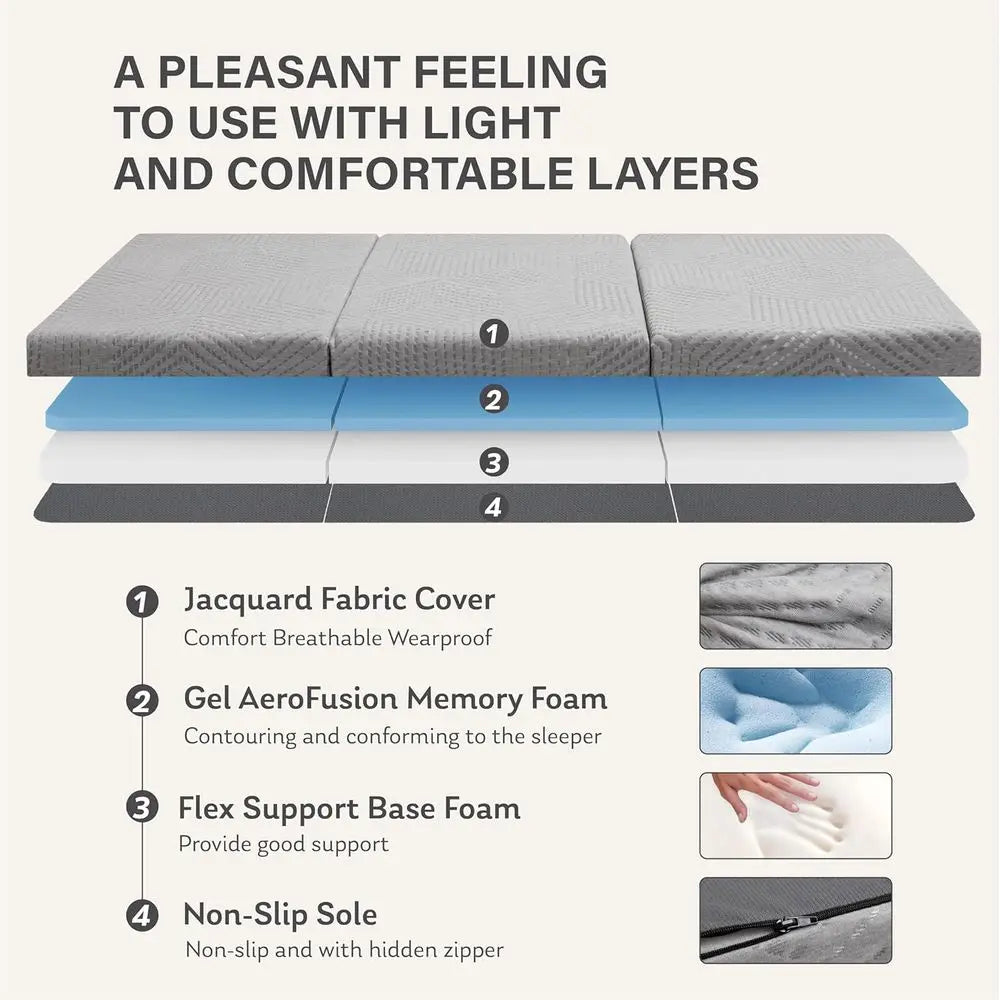 6 Inch Full Size Folding Memory Foam Mattress Topper with Washable Cover, Travel and Guest Bed, 75 x 54 x 6, Grey