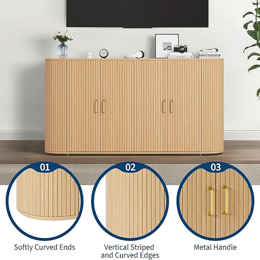 63" Sideboard Buffet Cabinet with Storage, Modern Fluted Accent Credenza with Adjustable Shelves, Wood Coffee Bar with Curved