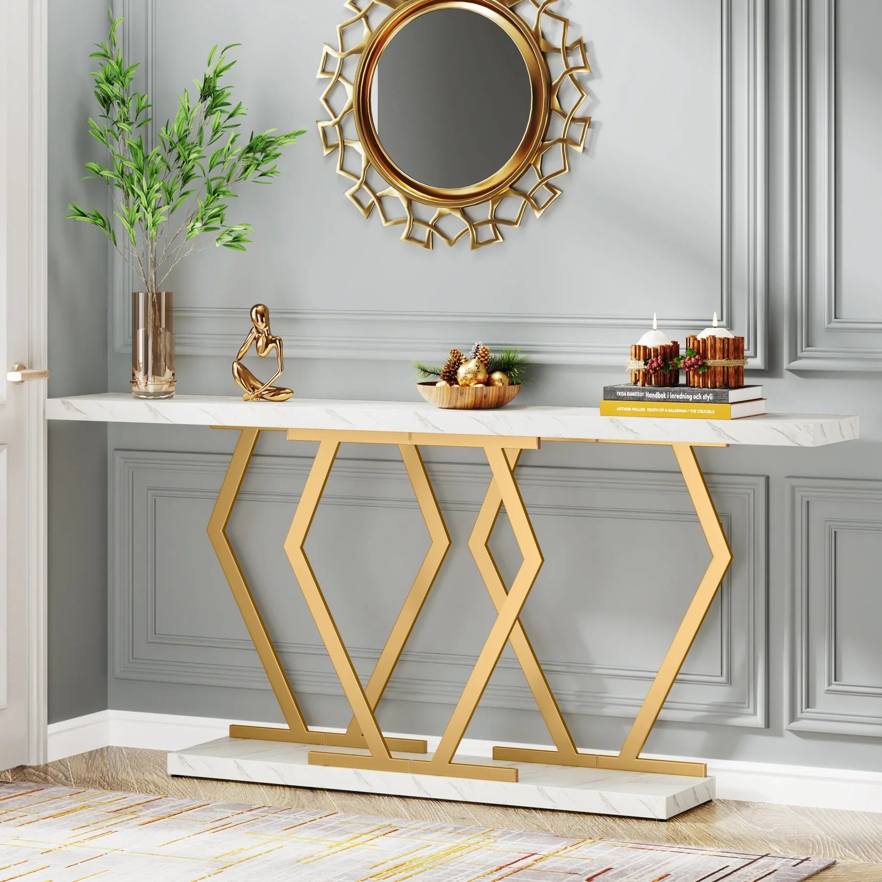 70.9 Inch Extra Long Sofa Table， White and Gold Console Table with Faux Marble Tabletop, Modern Long Entryway Table