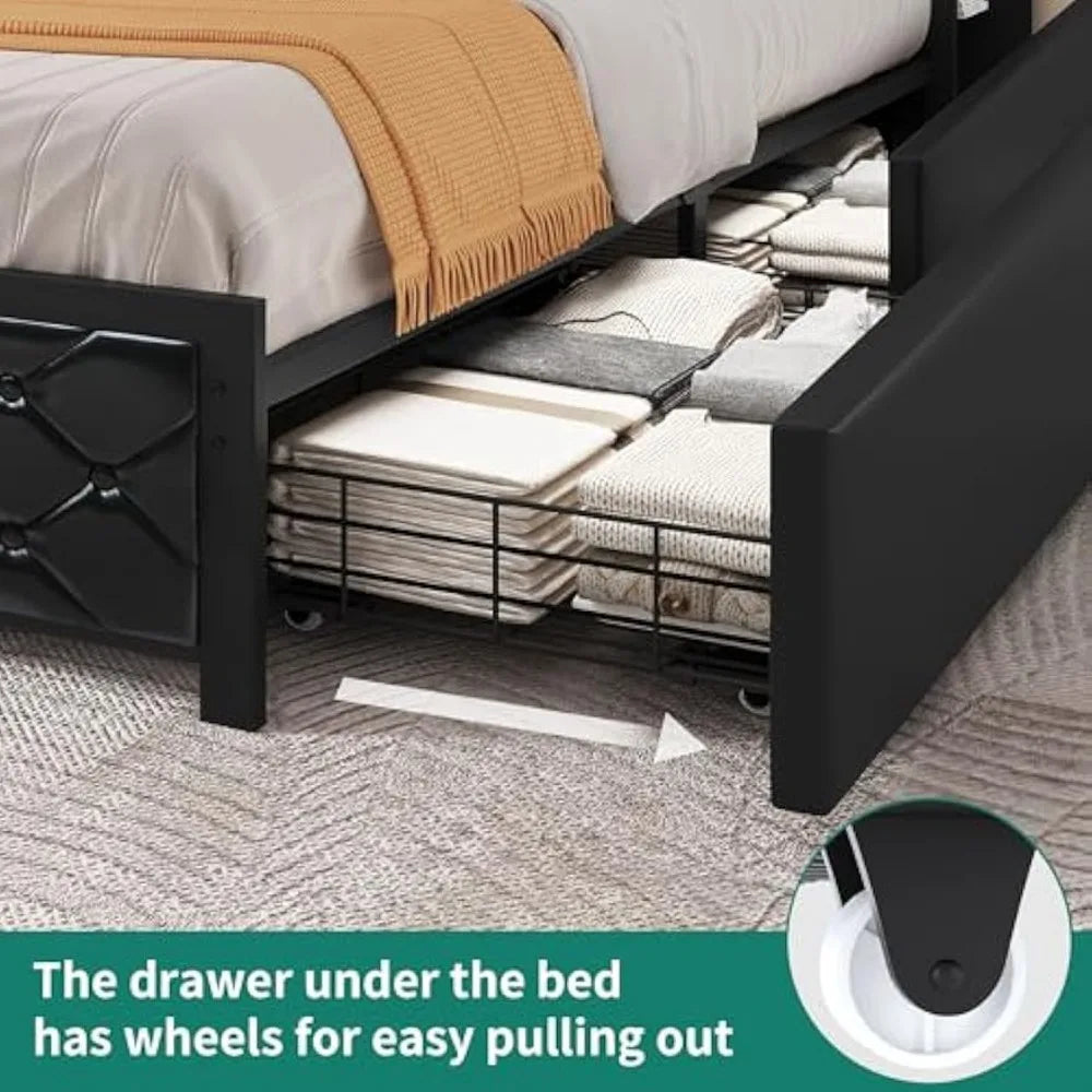 Queen Upholstered Platform Bed Frame with RGB LED Headboard & 4 Storage Drawers – Faux Leather