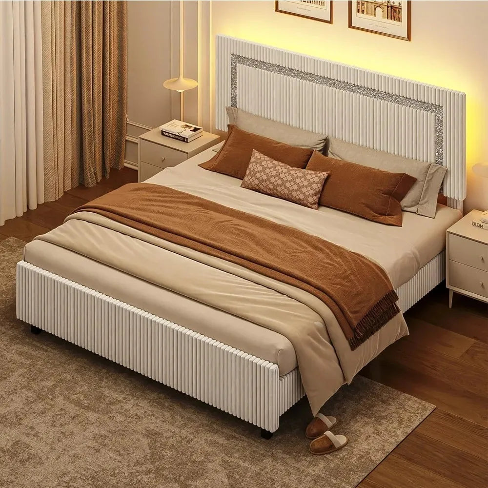 Full Size Corduroy Upholstered Bed Frame with Headboard – LED Platform Bed with Silver Glitter Trim