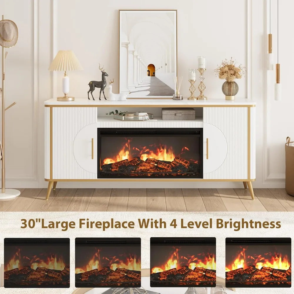 Modern Fluted Fireplace TV Stand for up to 80'' TVs with 30'' Electric Fireplace Luxury Media Console Adjustable Entertainment