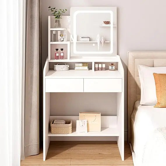 Vanity Desk with LED Mirror, Small Makeup Vanity with Open Shelves, Dressing Table for Bedroom, White