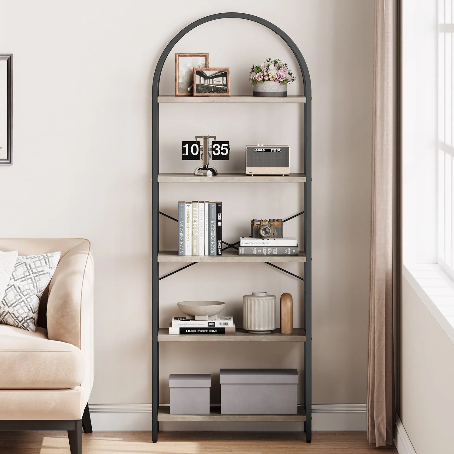 5-Tier Arched Bookshelf – 180 cm Tall Industrial Open Display Rack