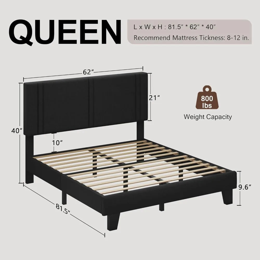 Upholstered Queen Size Bed Frame – Linen Fabric Headboard with Wooden Slat Support