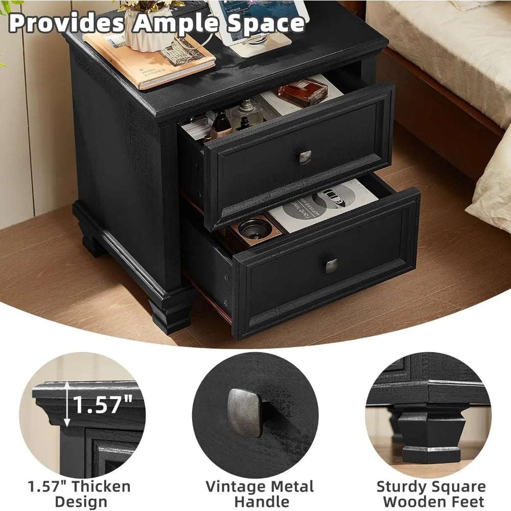 Nightstand with Charging Station, Rustic Low Night Stand with 2 Drawers, Mid-Century Modern End Table with 4 Square