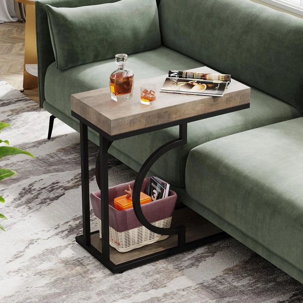 23.6 in. 1 PCS Gray C Shaped Rectangle Wood Narrow Side Table Modern End Side Table with 2-Shelf