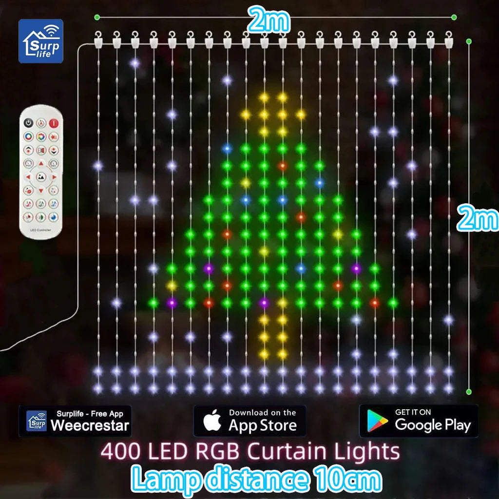RGB Smart Curtain Lights with Bluetooth App LED String RGB Fairy Lights for for Window Bedroom Decoration Valentine Day/Birthday