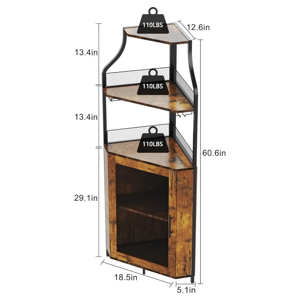 Corner Bar Cabinet – 5-Tier Industrial Wine & Liquor Cabinet with LED Lights