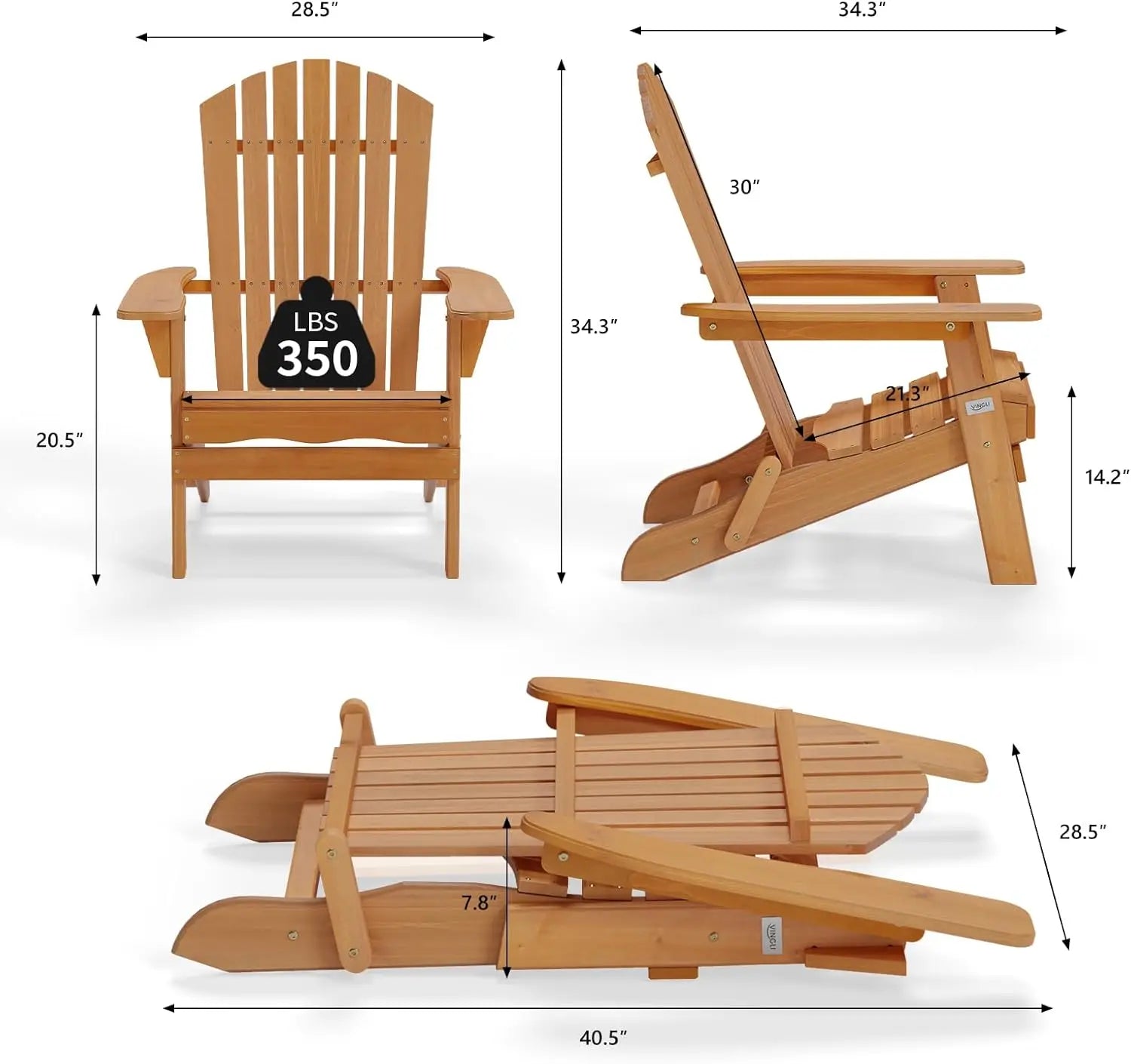 Folding Adirondack Chairs Set of 4, Wood Adirondack Chair for Outdoor, Foldable Fire Pit Chairs for Patio, BBQ, Porch, Yard,Pool