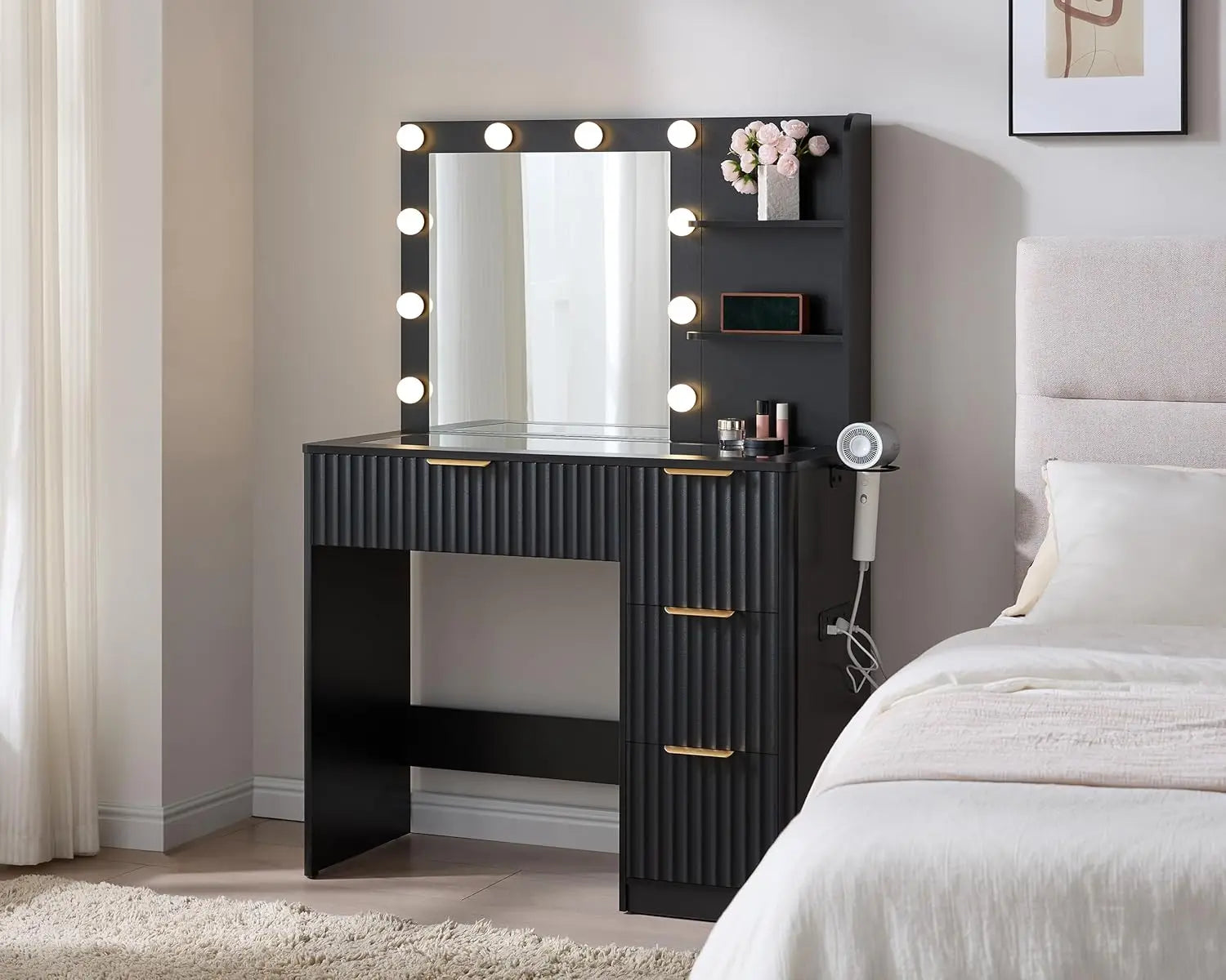 36.2" Fluted Vanity Desk with Mirror and Adjustable LED Lights, Large 4 Drawers Makeup Table with Glass Top and Charging Station