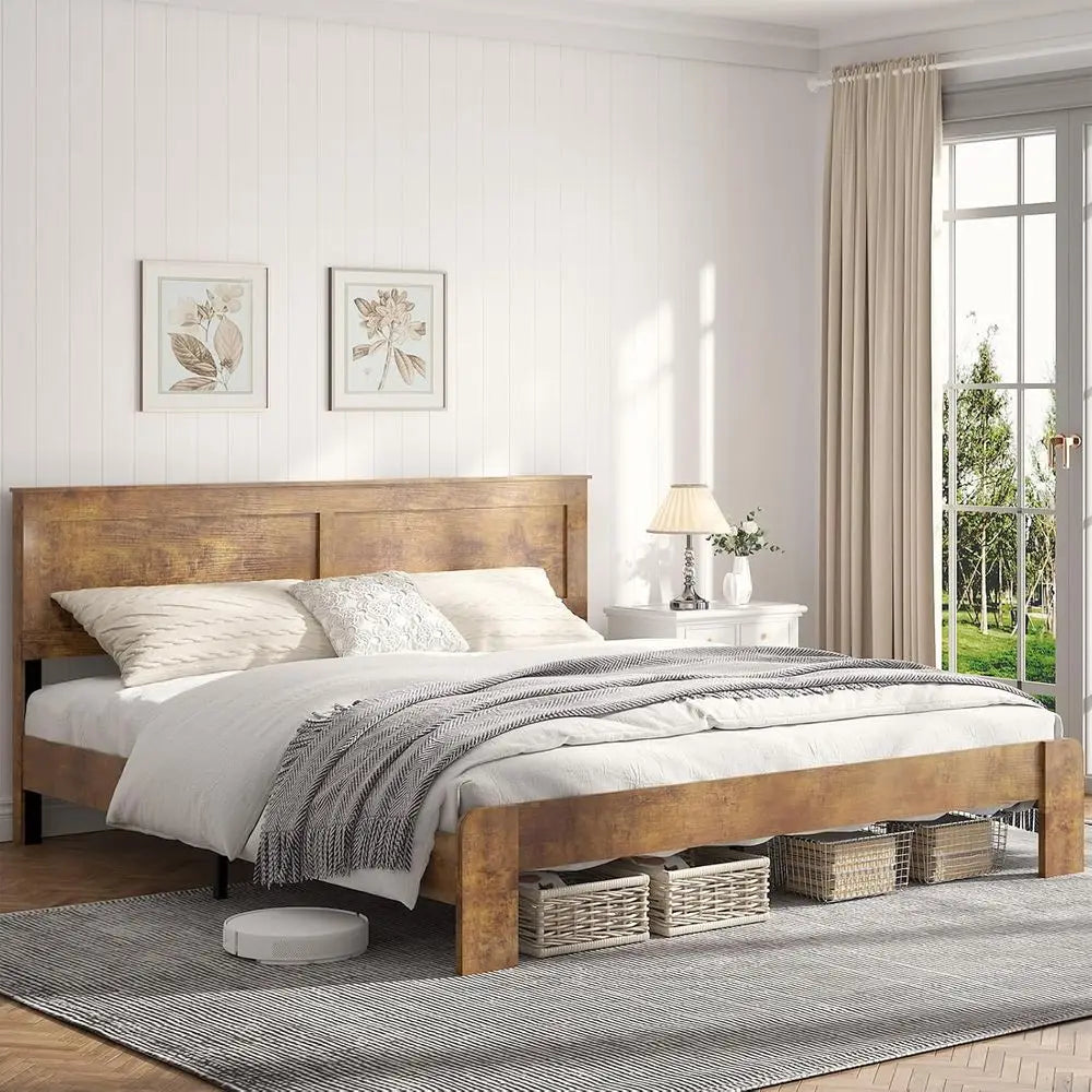 King Size Wooden Farmhouse Platform Bed Frame – Rustic Brown with Headboard