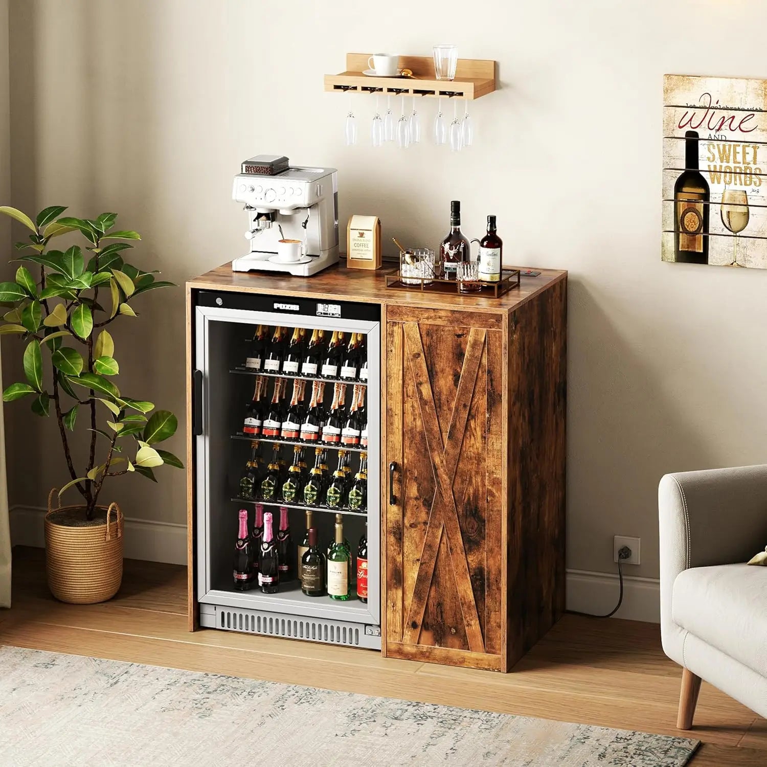 Coffee Bar Fridge Cabinet with Storage – Power Outlet & 3-Tier Organizer