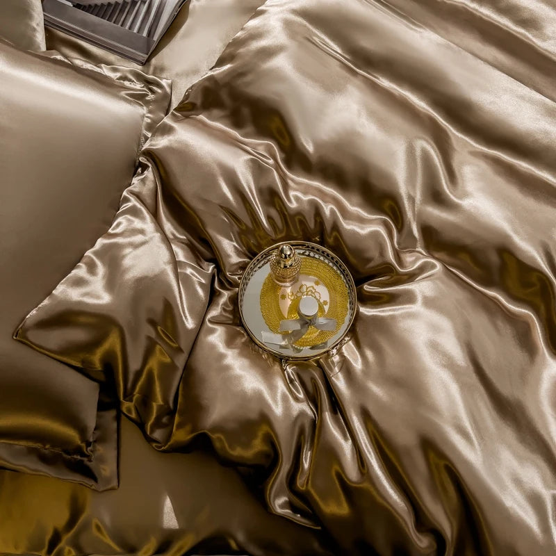 Solid Silk Bedding Set with Duvet Cover Bed Sheet Pillow Case Luxury Single Double Couple Rayon Satin Pillowcases Bedsheet