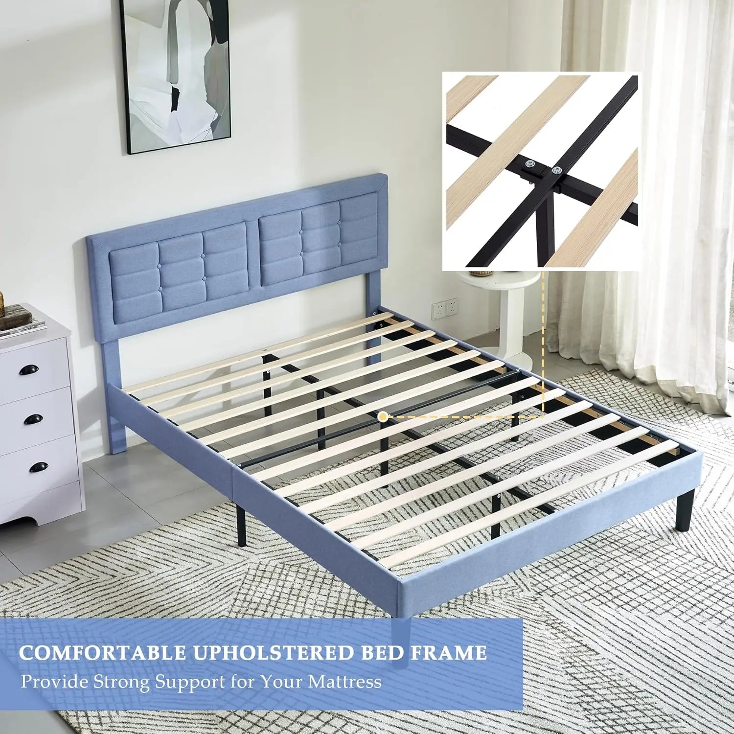 Queen Size Upholstered Platform Bed Frame with Adjustable Headboard (Light Blue)