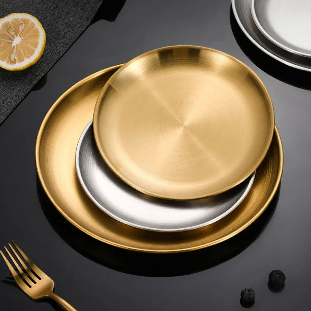 Gold Stainless Steel Round Plate – Rust-Proof Shallow Tray for Dining & Outdoor Use
