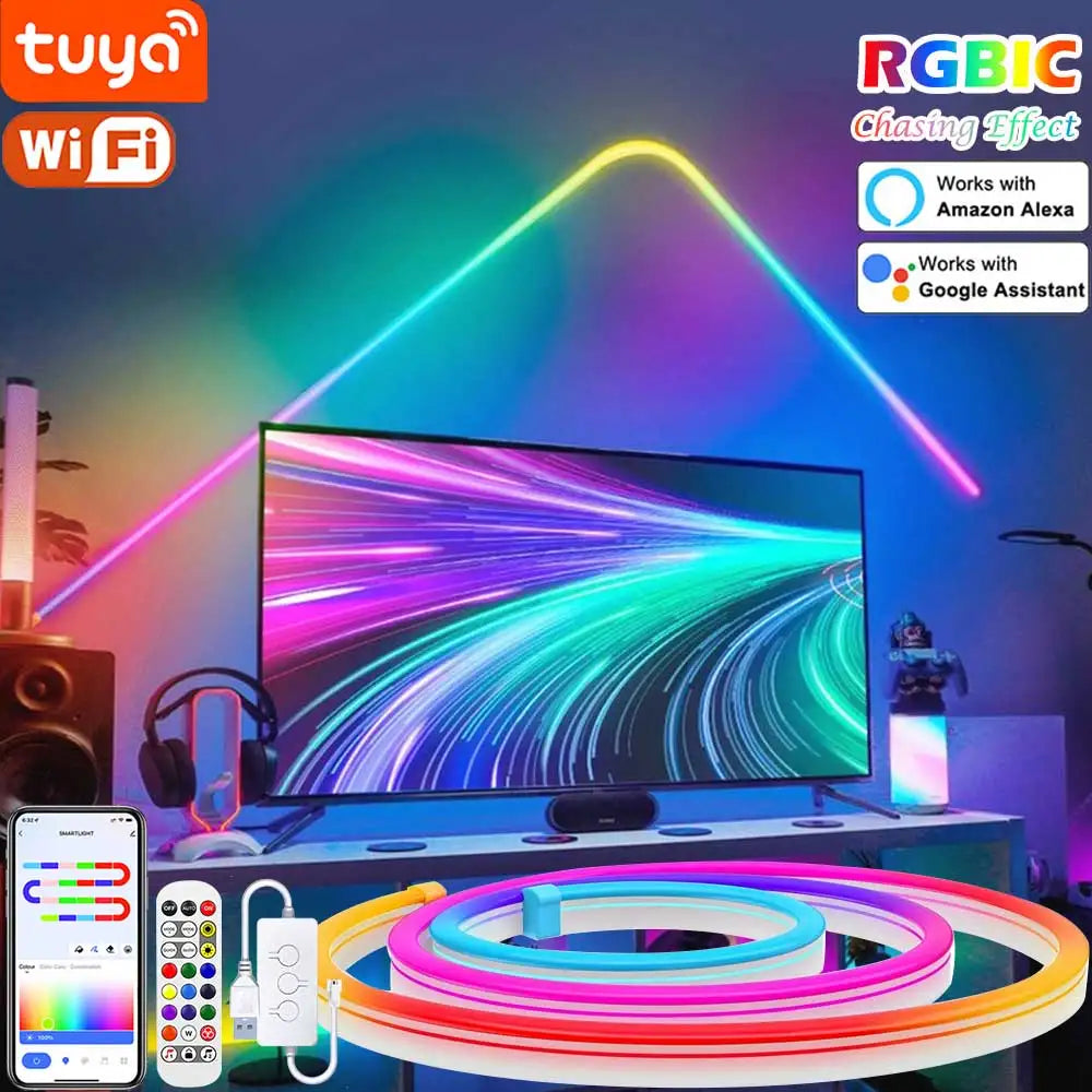 TUYA Neon LED Strip Lights 5V 72LEDs/M Silicone Neon Rope Light with Music Sync RGBIC Dreamcolor Chasing Strip Tape for Room