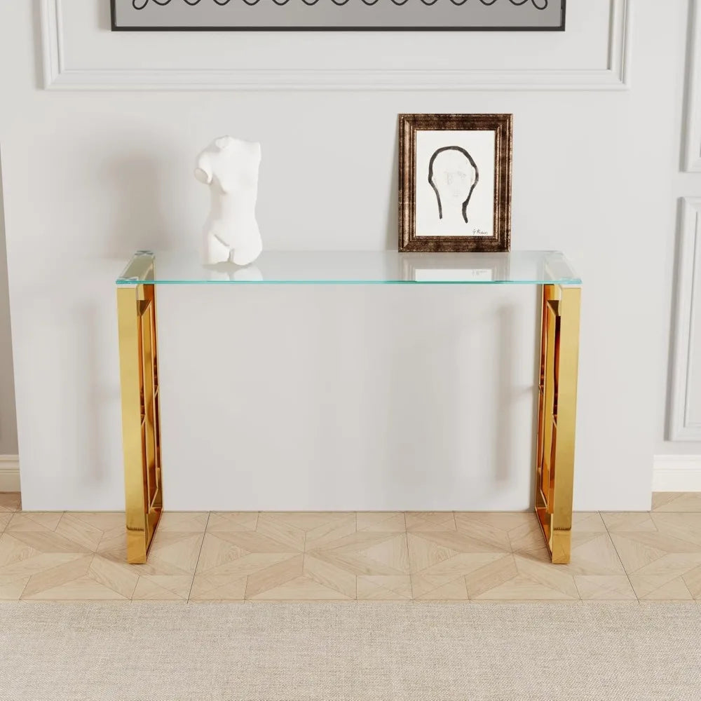Glass Console Table, Modern 47.2'' Entryway Table, Glass Top with Stainless Steel Base, Metal Hallway Narrow Sofa Table Suitable