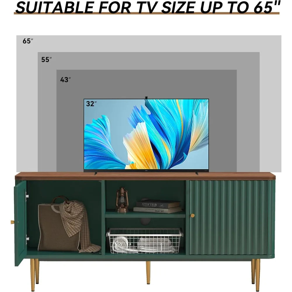 55” Fluted TV Stand, Mid Century Modern Green TV Stand for 55/60/65 inch TV, Entertainment Center with Storage,