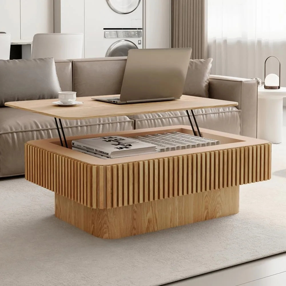 Smart Lift-Top Coffee Table – Modern Fluted Coffee Table with Storage