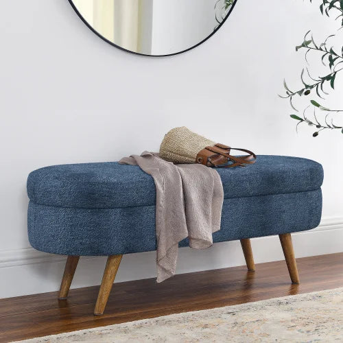 Bouclé Storage Ottoman Bench – 43.8″ Oval Flip-Top with Wood Legs