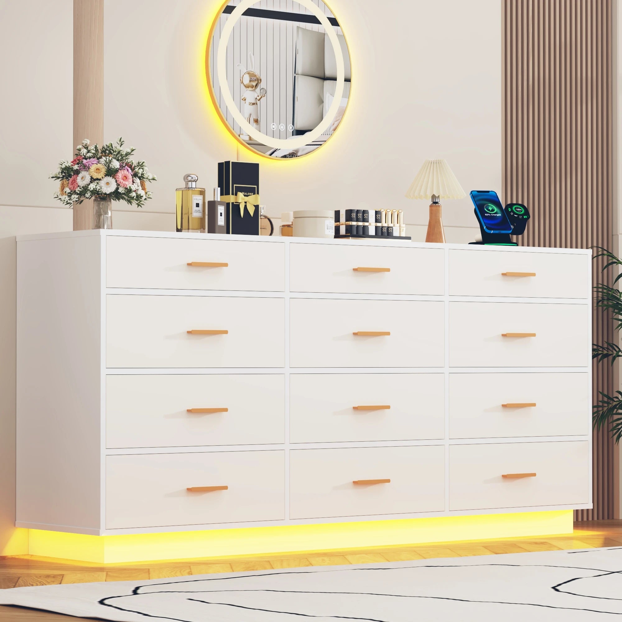 63'' Modern Chest of Drawers with Power Outlets & LED Lights, 12 Drawer Dresser for Bedroom, Wood Dresser for Living Room