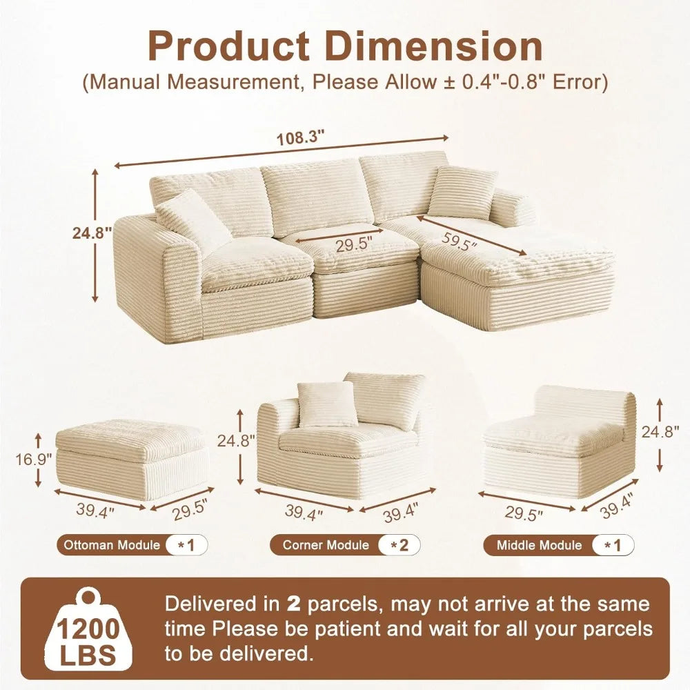 108” Modular Sectional Sofa Couches L Shaped Couch 3 Seater Cloud Sofa Memory Foam Sectional Couches for Living Room, Boneless