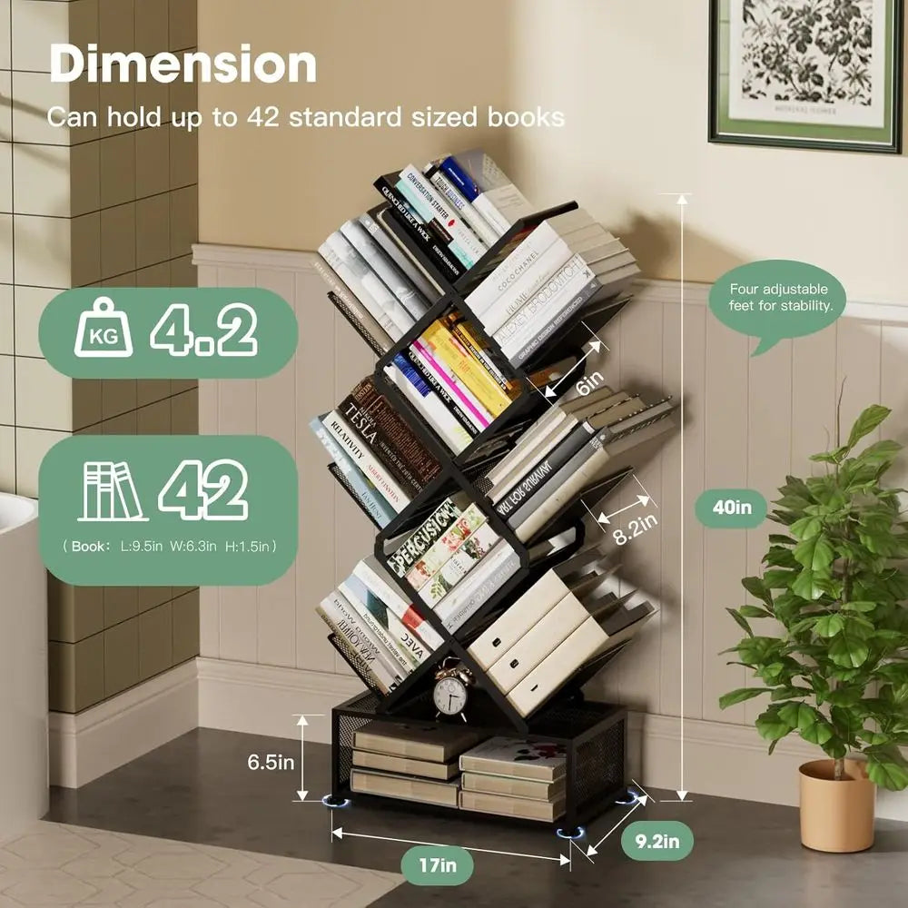 Black Foldable Metal 6-Tier Bookshelf with Storage – No Assembly Required