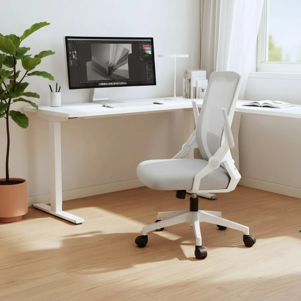 Ergonomic Office Chair with Flip-up Armrests, Breathable Mesh Back, Lumbar Support, Wide Gray Seat for Home and Gaming