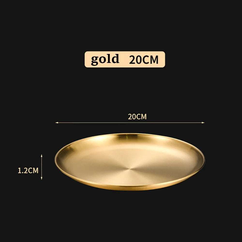 Gold Stainless Steel Round Plate – Rust-Proof Shallow Tray for Dining & Outdoor Use