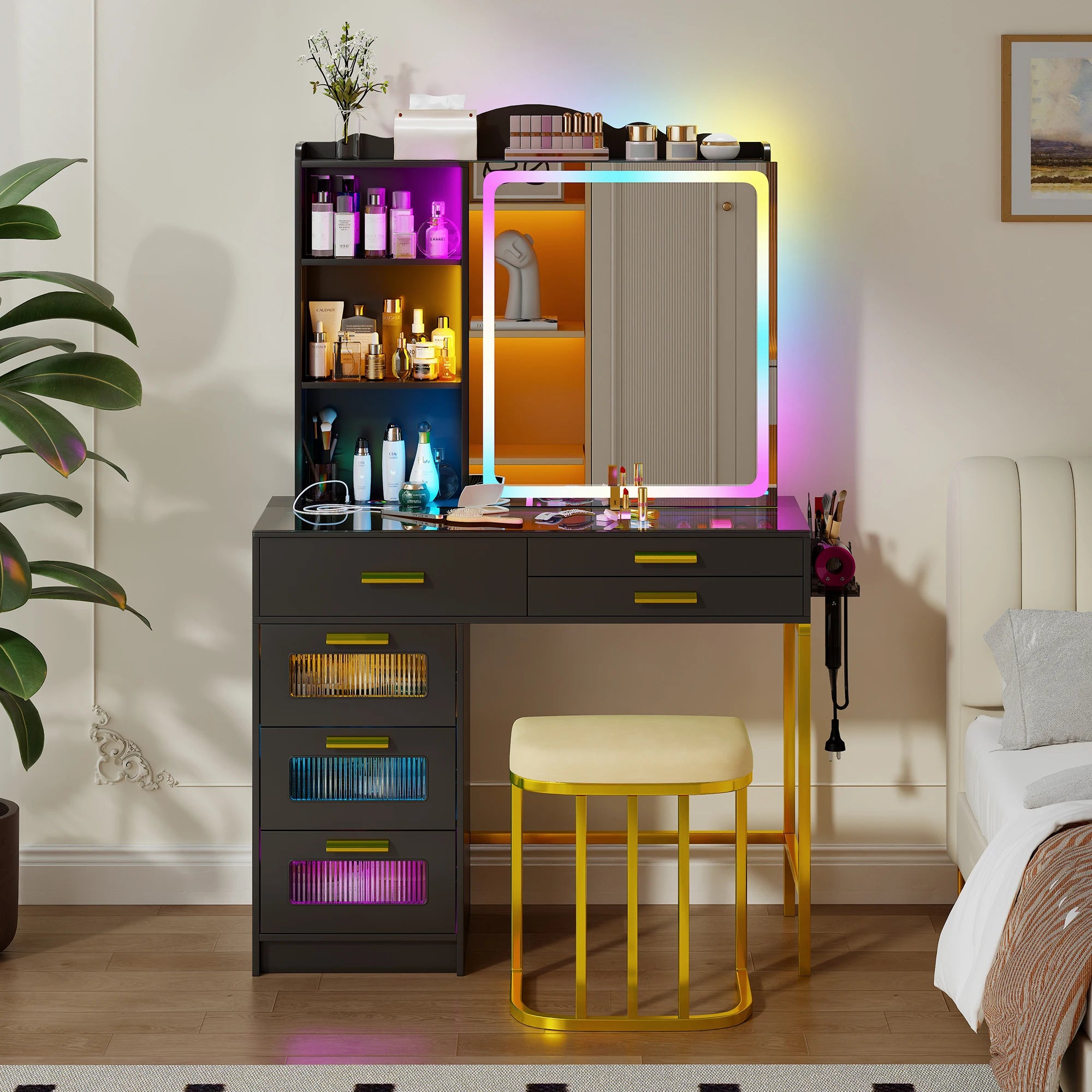 JDPAG RGB Vanity Desk with Sliding Mirror and Lights, LED Makeup Vanity with Charging Station, Glass Top Vanitys Dressing Table