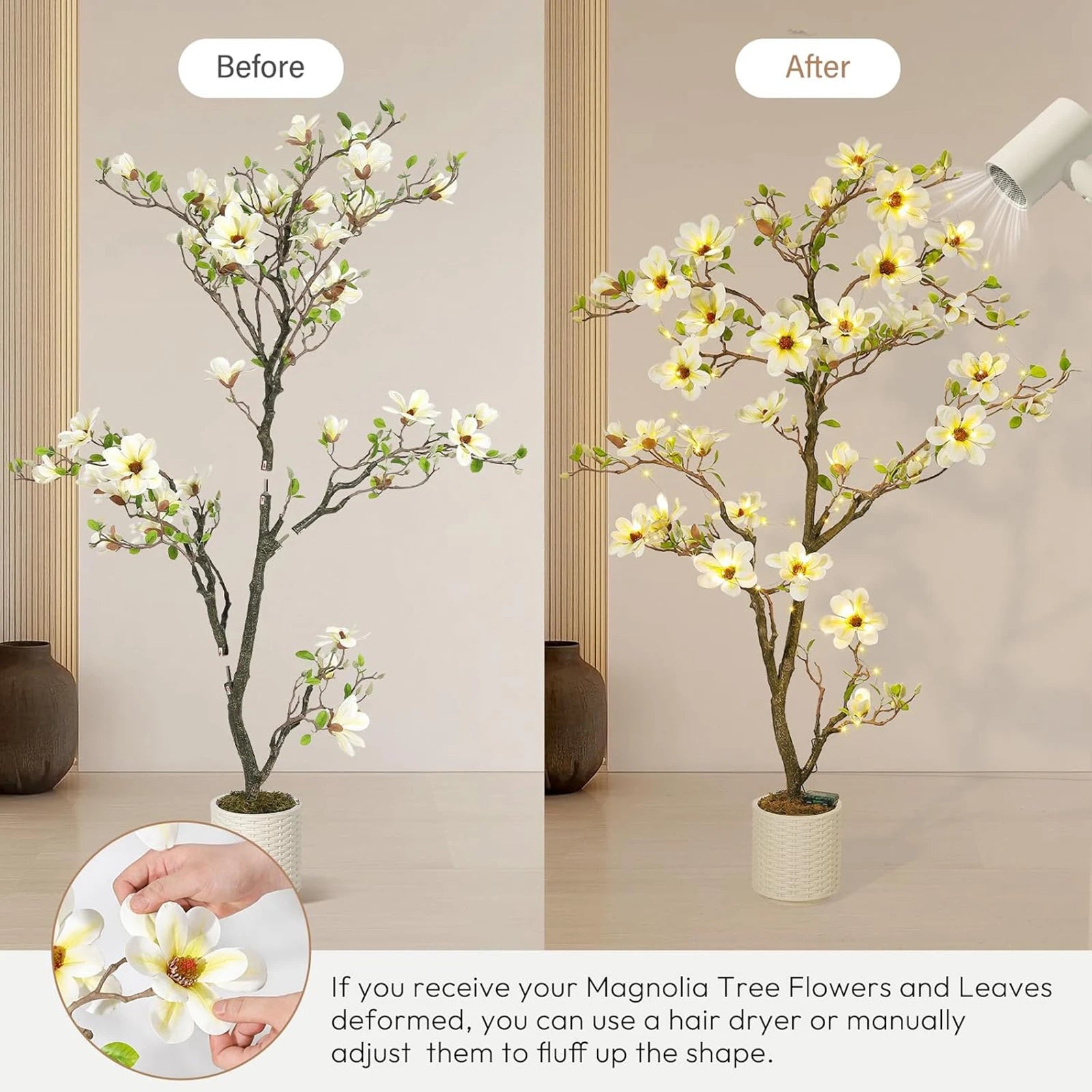 Artificial Magnolia Plant Faux Flower Trees Fake Plants with LED Light for Yard Patio Home Office Arrangement Decor