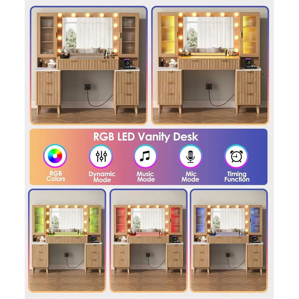 LED-lit 30.1 Mirror Vanity Desk with 8 Drawers, Glass Top, Power Outlet, Natural Oak Makeup Table for Bedroom