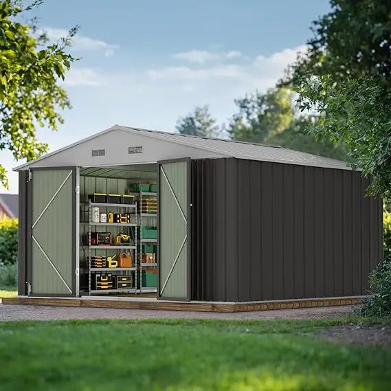 Large Grey Metal Outdoor Storage Shed - 10x10 FT Garden & Tool Shed for Backyard Patio Lawn