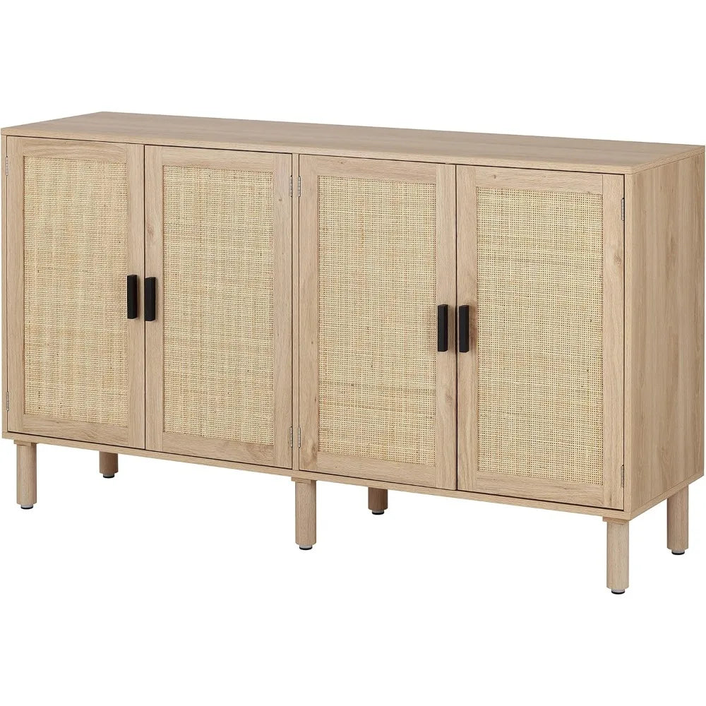4 door sideboard buffet cabinet, kitchen storage cabinet with rattan decorated doors, cupboard console table, boho accent liquo