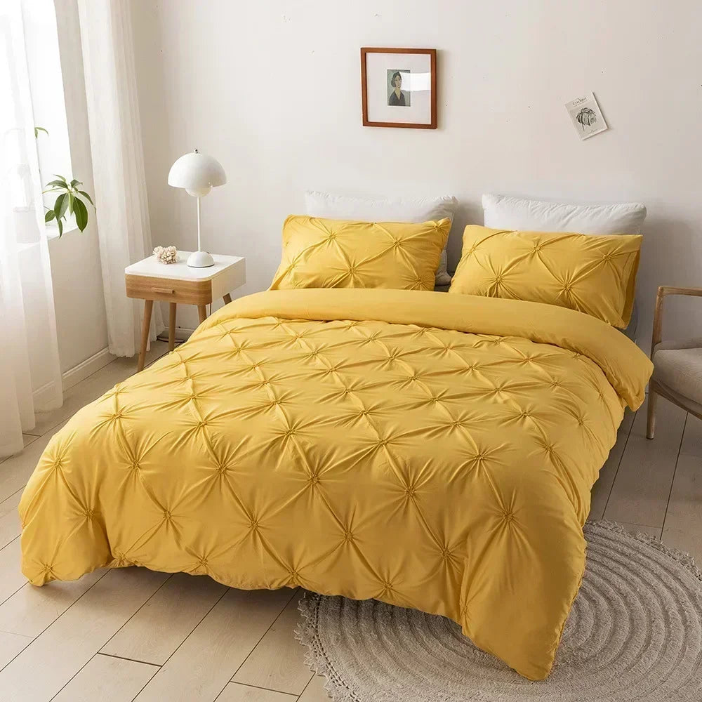 3D Buttoned Pleated Quilt Cover Set 100% Polyester Fabric Soft Skin-friendly Duvet Cover and Pillowcases Solid Color Bedding Set
