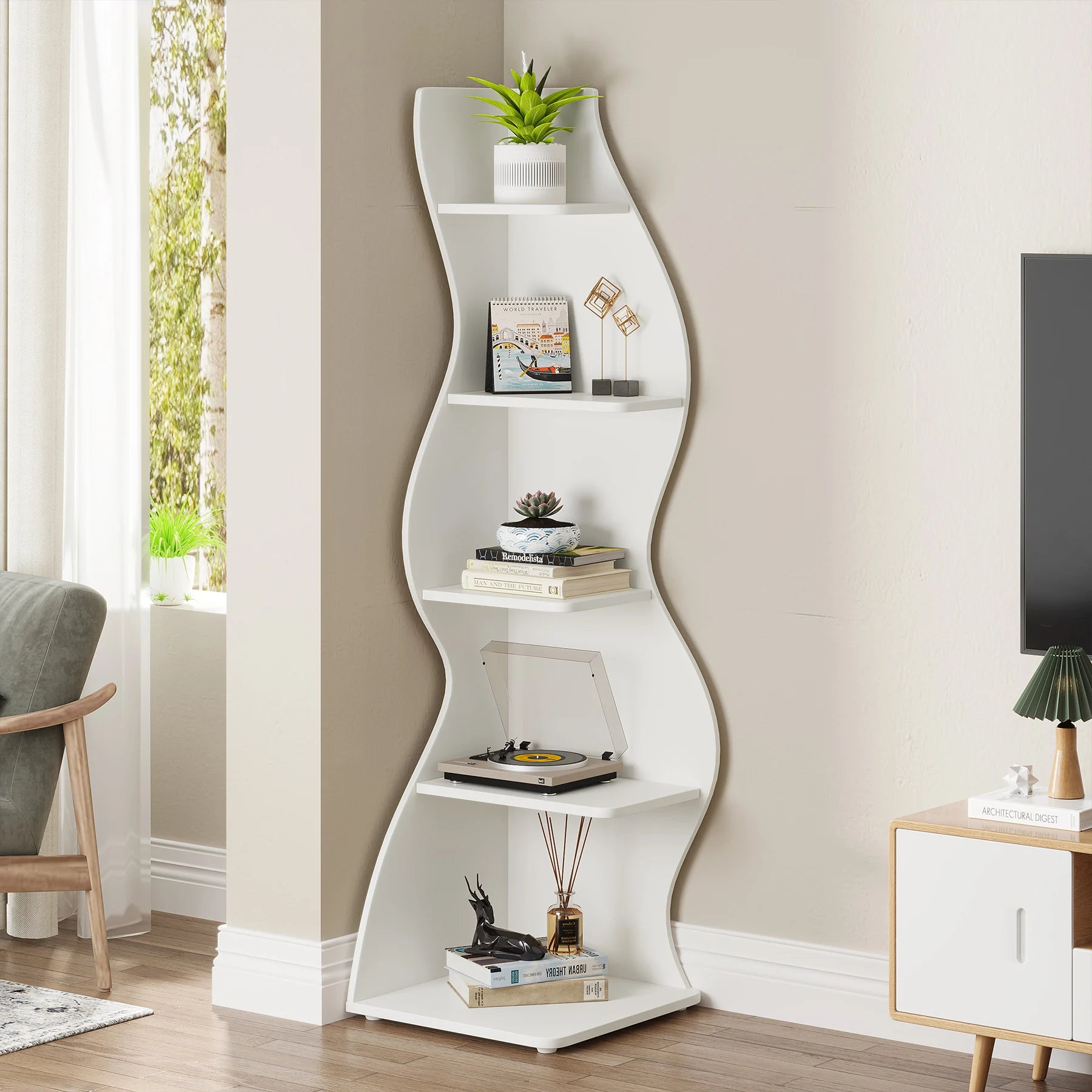 Tribesigns Modern 5-Tier Corner Bookshelf – Wall Corner Storage Rack & Plant Stand