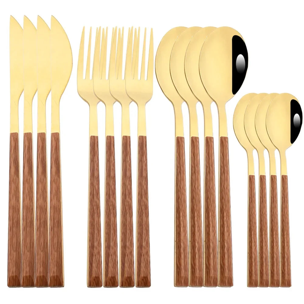 16Pcs Stainless Steel Cutlery Set Imitation Wooden Handle Western Tableware Brown Silver Knife Fork Spoon Kitchen Dinnerware Set