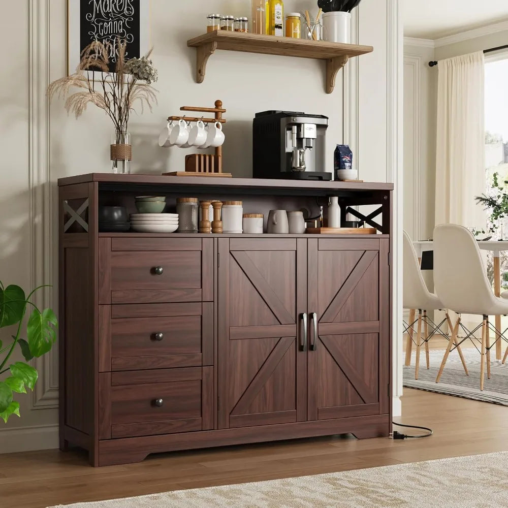 47" Farmhouse Storage Cabinet with Barn Doors and Drawers, Sideboard Buffet Cabinet with Storage