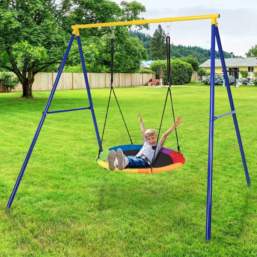Heavy-Duty Metal A-Frame Swing Set – 40″ Saucer Swing with Adjustable Ropes