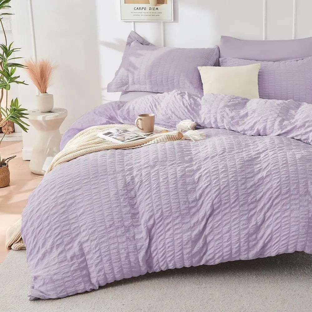7-Piece King Lavender Seersucker Comforter Set: All-Season Luxury Bedding with Sheets, Pillowcases & Shams