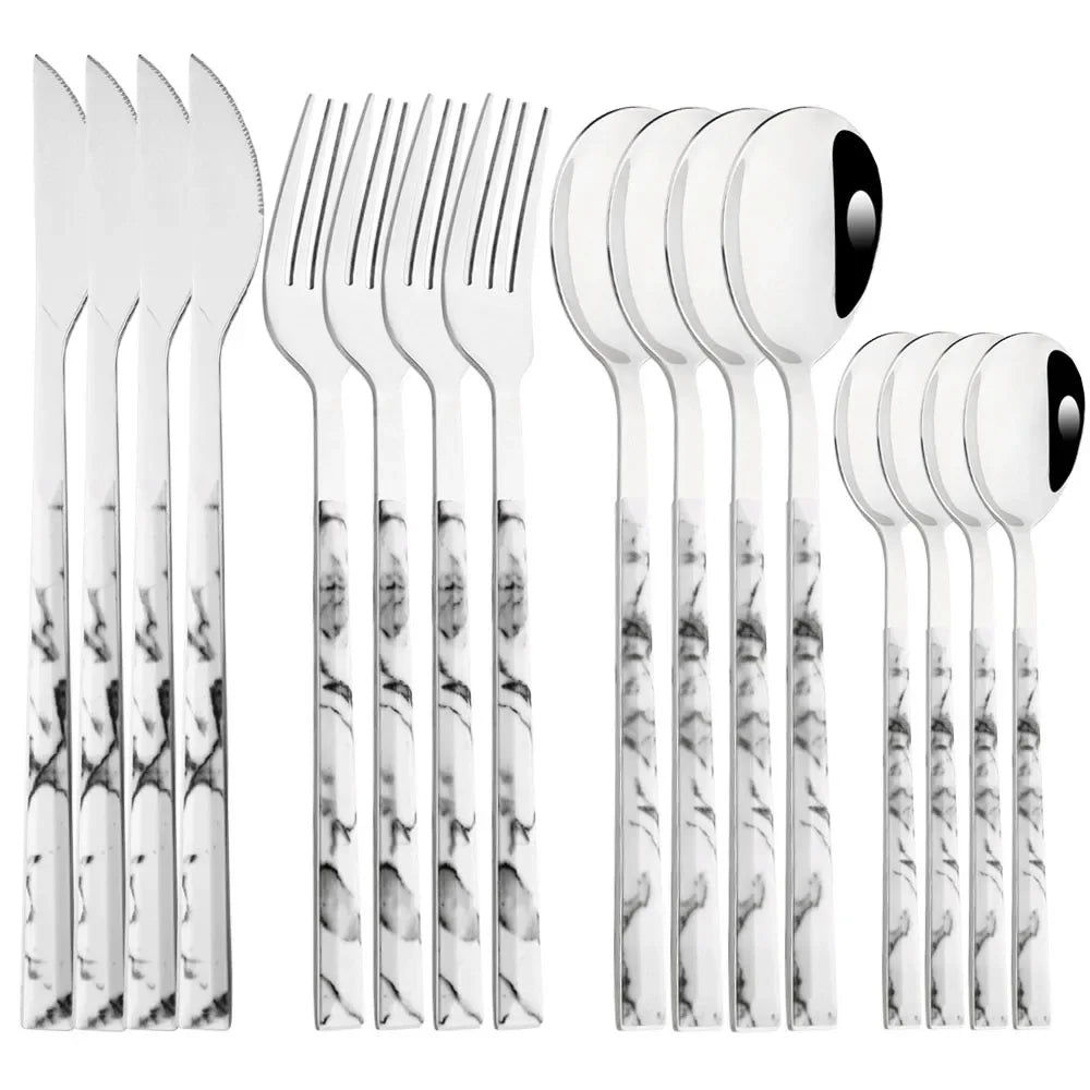 16Pcs Stainless Steel Cutlery Set Imitation Wooden Handle Western Tableware Brown Silver Knife Fork Spoon Kitchen Dinnerware Set