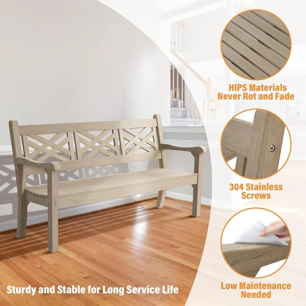 63''W All-Weather Poly Lumber Outdoor Bench – Teak Color, 3-Person Garden Bench with Decorative Backrest & Curved Armrests, Ant