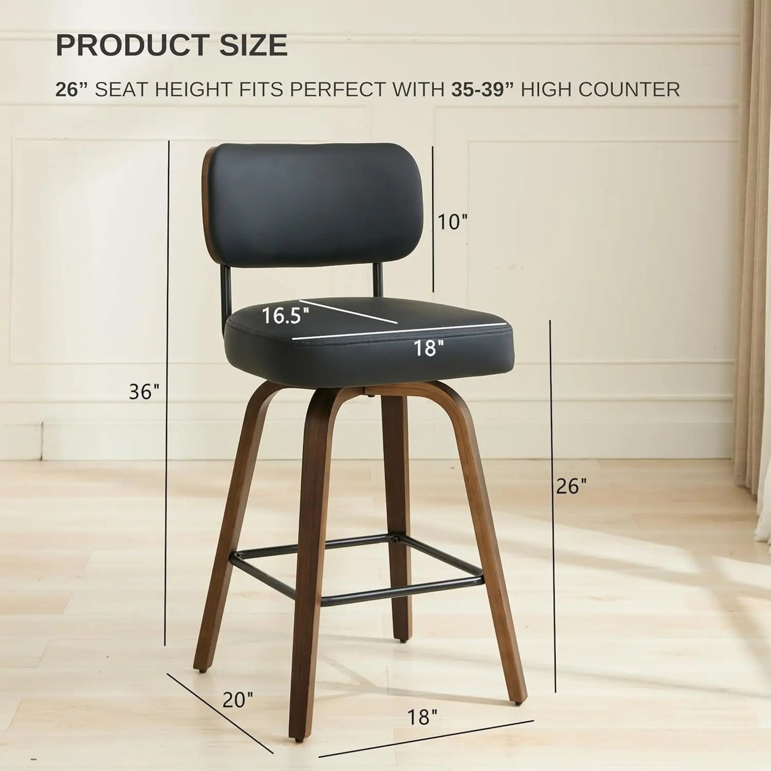 Swivel Counter-Height Bar Stools with Back – Faux Leather, Walnut Legs (Black)