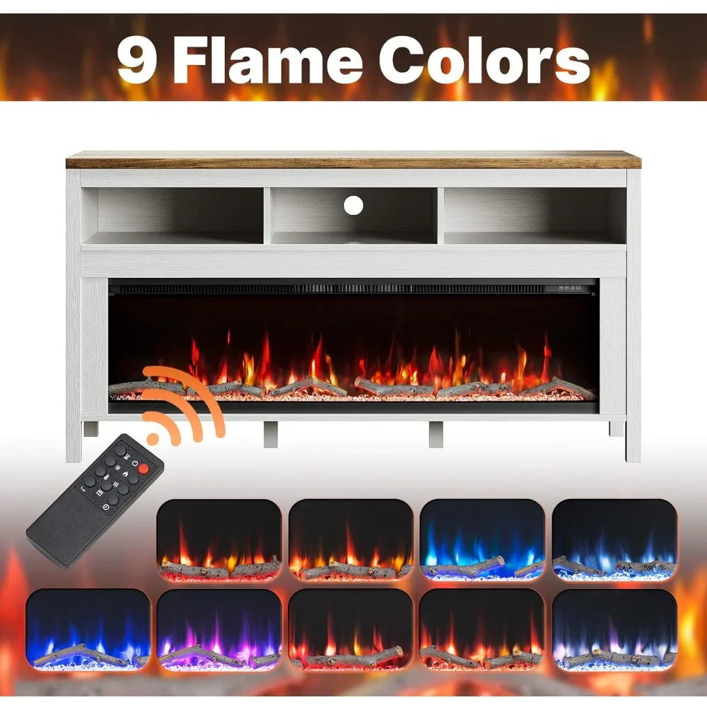 Fireplace TV Stand for TVs Up to 60 Inch,Modern Entertainment Center with 50" Electric Fireplace,White TV Console with Open