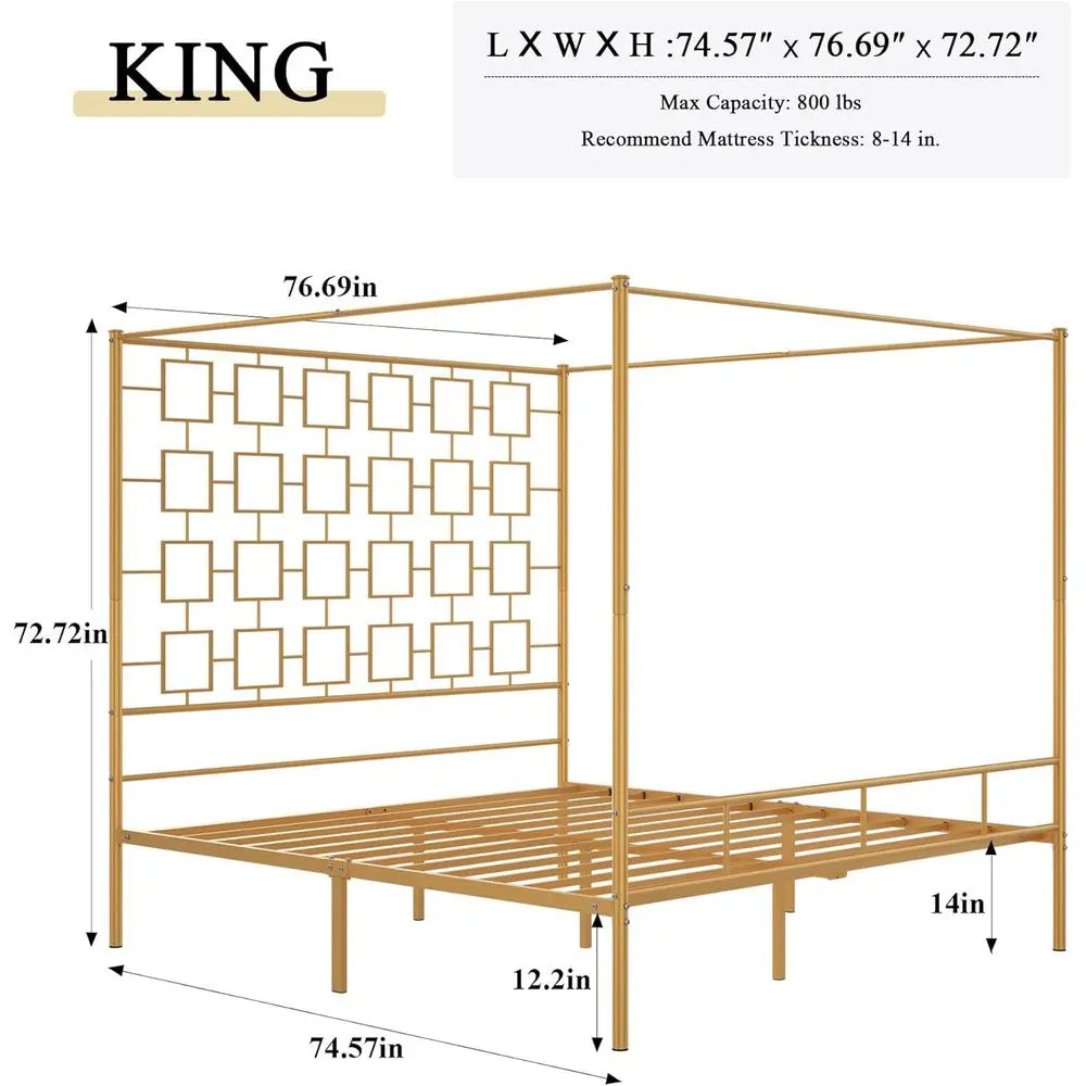 King Size Metal Four-Poster Canopy Bed Frame with Headboard & Footboard