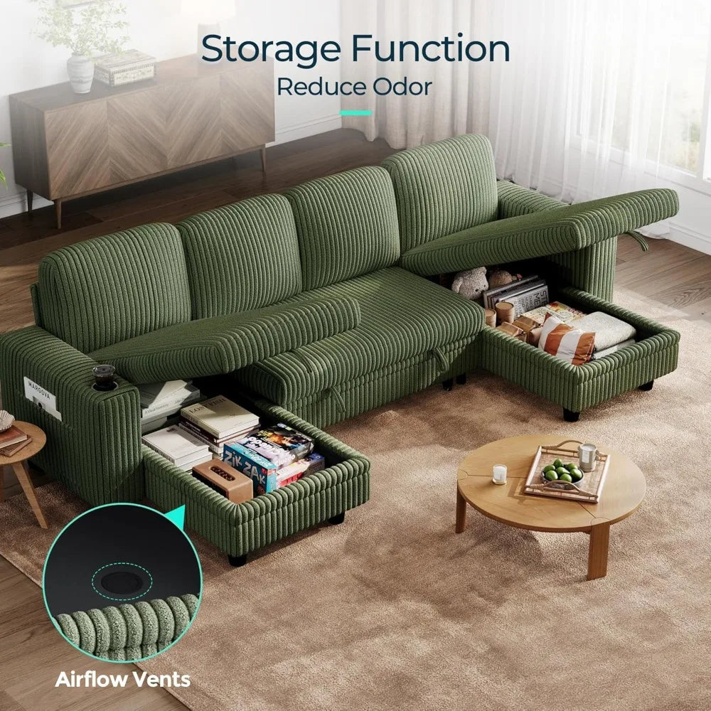 Sectional Sleeper Sofa with Pull Out Couch Bed - Convertible Plush Corduroy Cloud Couch with Storage Chaise & USB Charging, Com