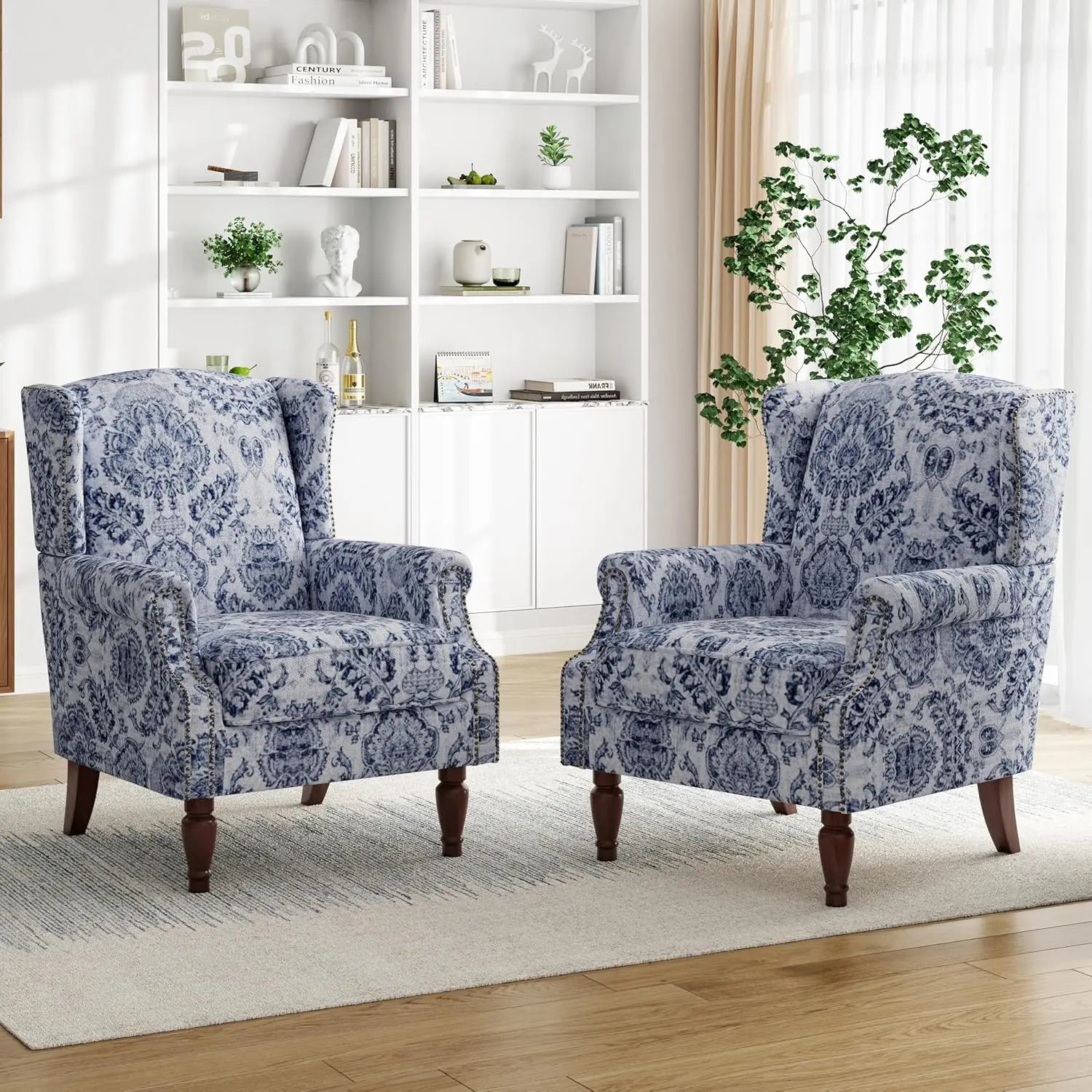 Floral Accent Chairs – Set of 2 High-Back Retro Wingback Armchairs