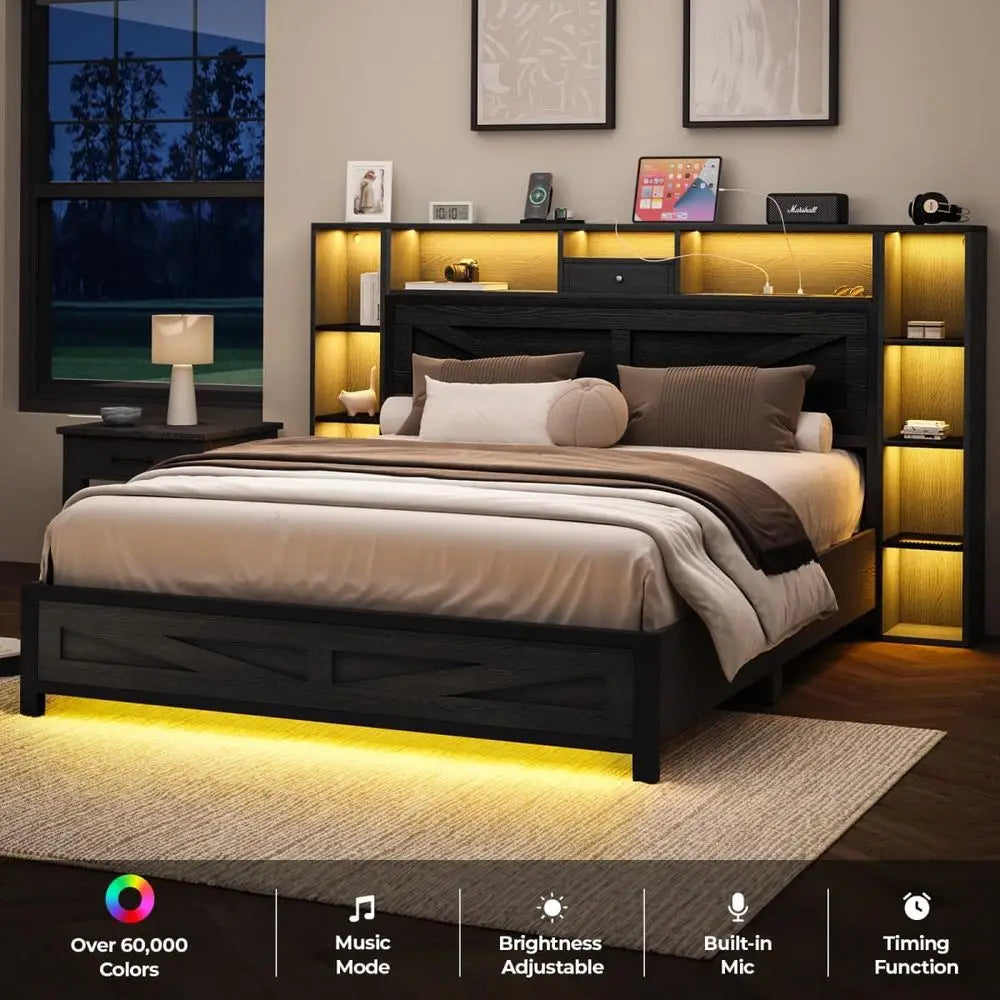 Queen Size Black Farmhouse Bed Frame – Bookcase Headboard with Storage, LED Lights & Charging Station